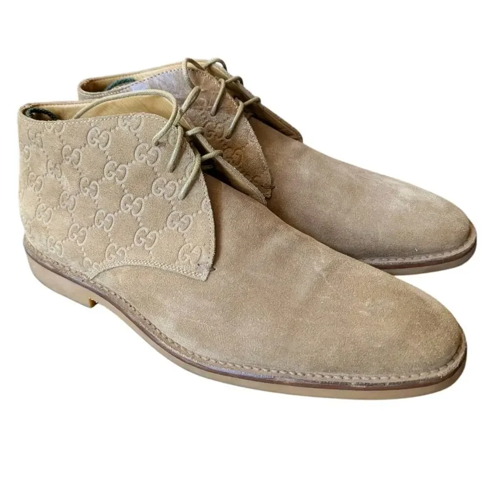 Gucci Antigua Ankle Boots Tan Suede GG Monogram Chukka Desert Mens 10 Italy